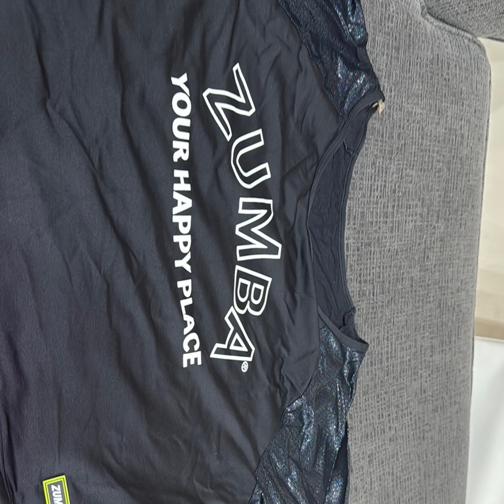 Zumba Fitness Black Sleeveless T-Shirt with Bold White Text
